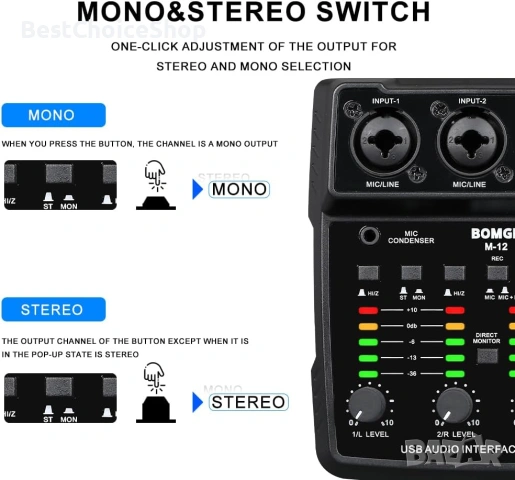BOMGE USB аудио интерфейс 2-канален миксер XLR/3.5mm вход 48V захранване, снимка 8 - Ресийвъри, усилватели, смесителни пултове - 53927415
