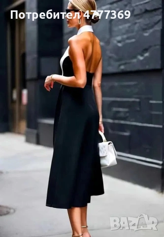 Дамска елегантна рокля с яка и гол гръб в бяло и черно, снимка 3 - Рокли - 53973003