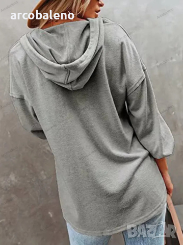 Свободна ежедневна блуза с качулка с V-образно деколте и дълъг ръкав, снимка 2 - Блузи с дълъг ръкав и пуловери - 44792446