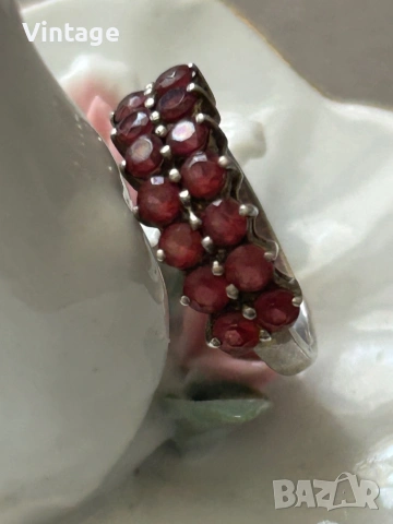Уникален красив сребърен пръстен с естествени гранати , снимка 5 - Пръстени - 54134011