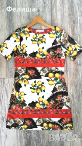 Разкошна Брандова Рокля с Цветен Артистичен Десен на Лимони , снимка 2 - Рокли - 50121993