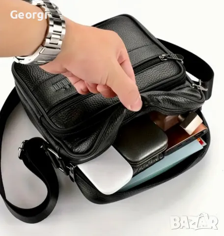 Компактна, Елегантна и Стилна мъжка кожена чанта с презрамки от Черна и Кафява естест. кожа!, снимка 12 - Чанти - 49296138