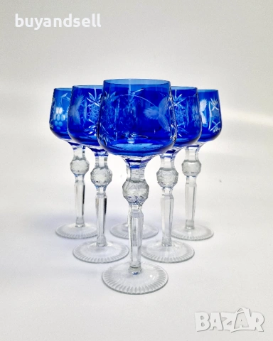 6 чаши кобалтов кристал, ръчна шлифовка, перфектен сервиз