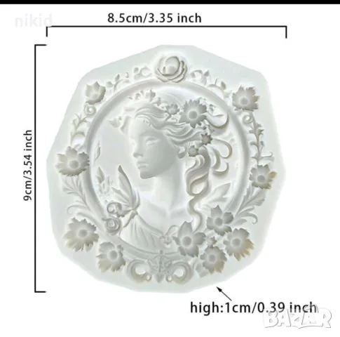 Нежно момиче жена в рамка овал с цветя силиконов молд форма фондан шоколад гипс декор, снимка 2 - Форми - 49839495