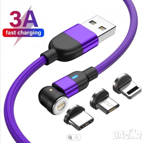 3А бързо магнитно зарядно, магнитен кабел 540°, micro USB, Type C, i-phone трансфер на данни 480Mbps, снимка 8 - USB кабели - 39565066
