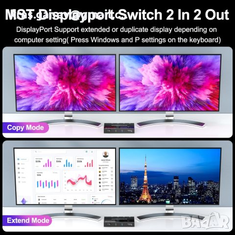 DisplayPort Splitter Switch 4K@60Hz, 2 in 2 out MST SST, снимка 4 - Друга електроника - 42536748