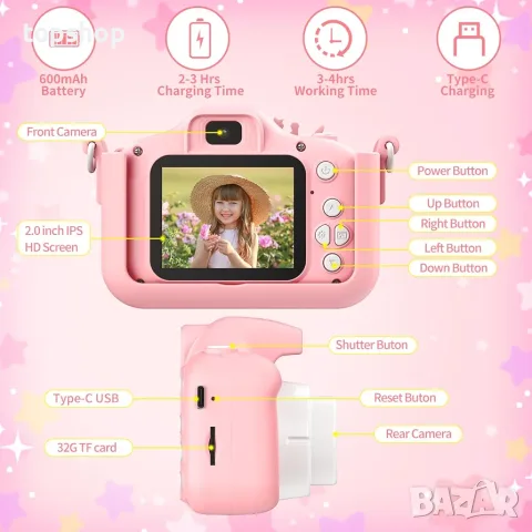 Нов Детски Дигитален Фотоапарат PHNIXGAM Pink Unicorn (1080P, 32GB Карта, Смарт Игри, MP3)  , снимка 4 - Фотоапарати - 55910632
