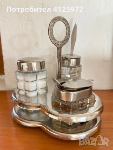 Винтидж сет за подправки, СССР, неръждаема стомана Комплект за сол, пипер, захар с 2 лъжички