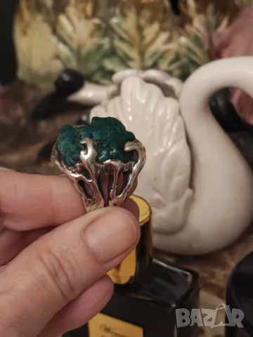 Уникален сребърен пръстен с естествен зелен тюркоаз, снимка 4 - Пръстени - 47453268