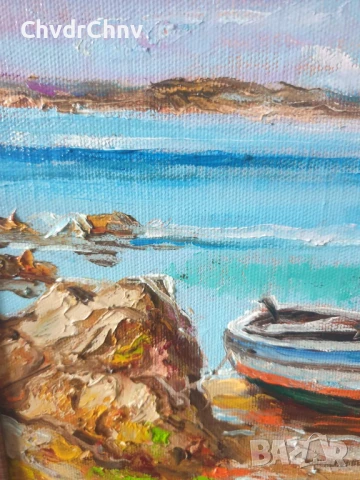 Димитър Генев 33x27см/малка българска картина масло върху платно/морски пейзаж/рибарски лодки, снимка 5 - Картини - 51153040