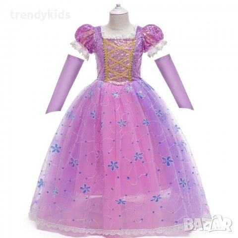 Разкошна рокля на Рапунцел! Аксесоари- перука, плитка, кринолин, ръкавици, пантофки, колие., снимка 8 - Детски рокли и поли - 36898753