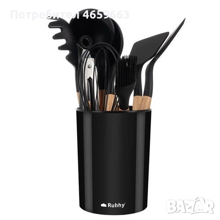 Комплект силиконови прибори за готвене 12бр. с поставка черни Ruhhy, снимка 2 - Прибори за хранене, готвене и сервиране - 52547505
