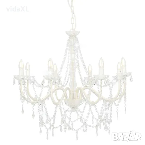 vidaXL Полилей с кристали, бял, 8 х Е14 крушки