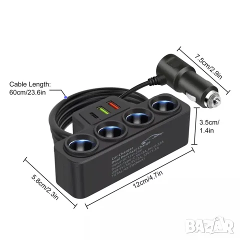 Разклонител за запалка с 4 гнезда 2 USB и Type-C порт, снимка 3 - Аксесоари и консумативи - 55863043