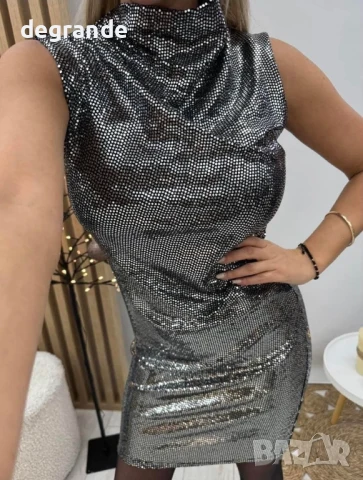 Сребриста елегантна рокля с паети, снимка 2 - Рокли - 50912867