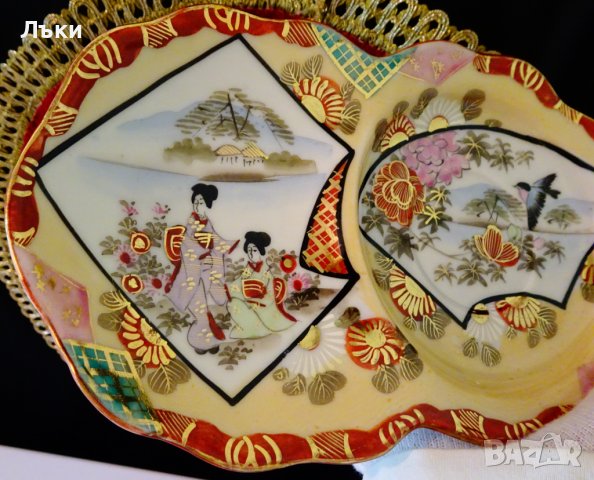 Плато японски порцелан,злато,синигер,гейши. , снимка 3 - Антикварни и старинни предмети - 37925439