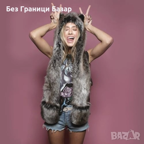 Нов Зимен пухкав комплект с качулка и ръкавици дамска мода изкуствен пух, снимка 2 - Други - 52750417