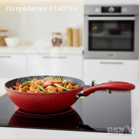 Уок тиган Voltz OV54420A28 Ø28 см – мраморно незалепващо покритие, индукционен, червен