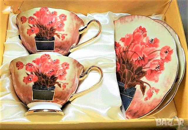 Чаши с чинийки с червени цветя от костен порцелан , снимка 15 - Подаръци за жени - 27210077