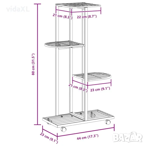vidaXL 4-етажна стойка за цветя на колела, 44x23x80 см, черна, желязо, снимка 9 - Саксии и кашпи - 56147172