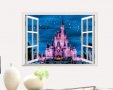 3D Нощна гледка през прозорец на замък Дворец самозалепващ стикер лепенка за стена декор, снимка 1 - Други - 30831935