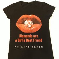 PHILIPP PLEIN маркова тениска "Устни и Диаманти". С камъни + памук и еластан. , снимка 1 - Тениски - 37423503