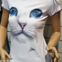 Страхотна нова дамска бяла тениска с 3D принт Котка със сини очи, снимка 9 - Тениски - 29126635