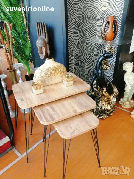 Тройка дървени масички с метални крачета , снимка 1