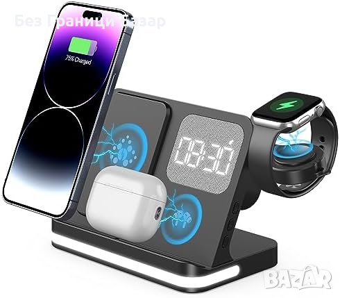 Ново Мултифункционално 4 в 1 Зарядно за Apple Устройства с Нощен Часовник, снимка 1