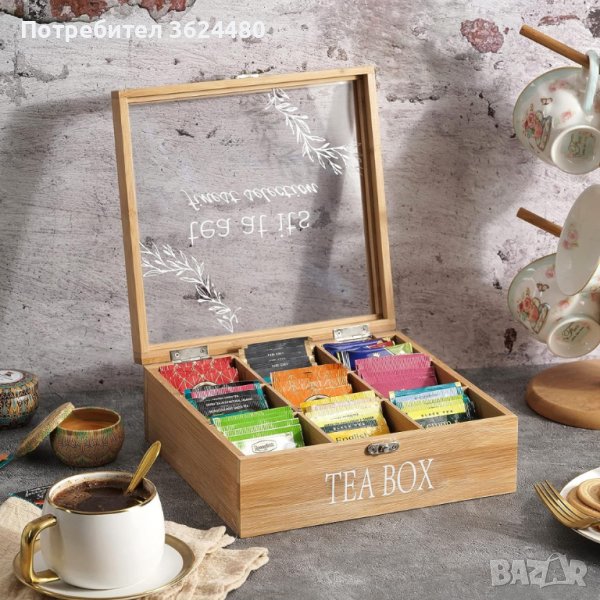 Дървена кутия за чай с 9 отделения, снимка 1