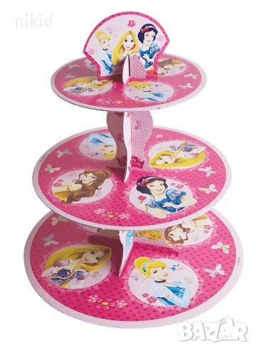 3 етажна Триетажна поставка стойка за мъфини кексчета картонена Принцеси Снежанка Рапунцел Пепеляшка, снимка 1