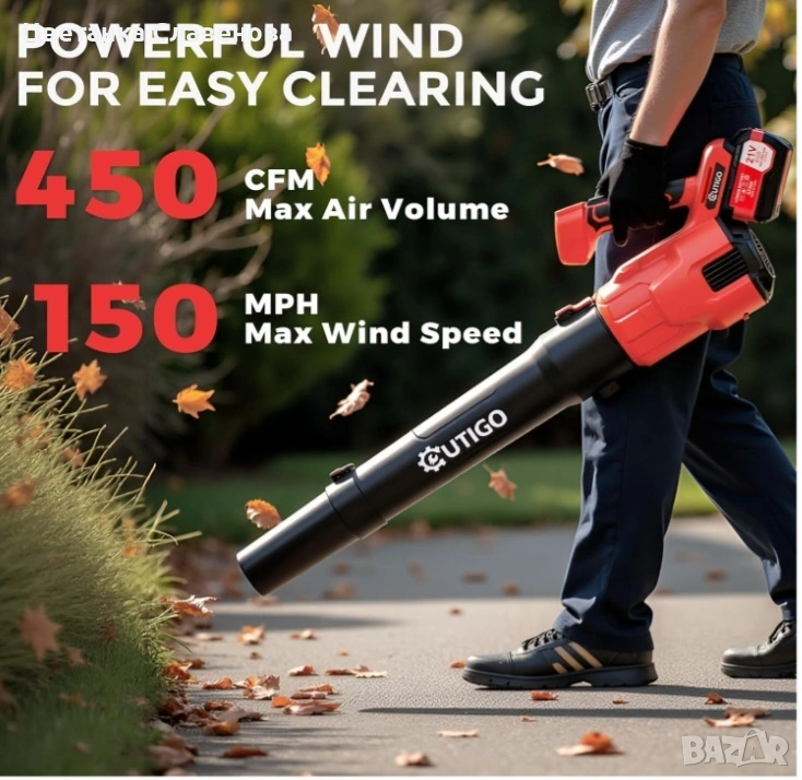 Безжична духалка OUTIGO с 2 батерии 4.5Ah 21V и зарядно ,за тревни площи, листа,кал,сняг,прах и др., снимка 1