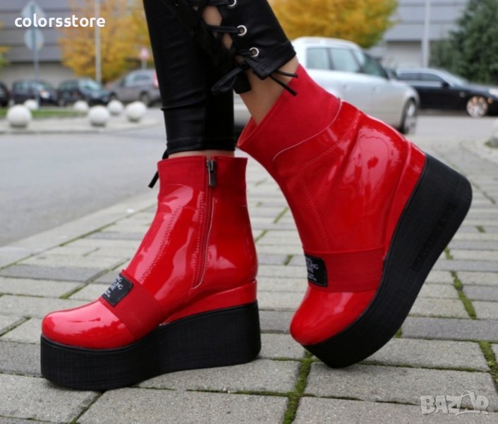Боти на платформа - червен лак - K135, снимка 1