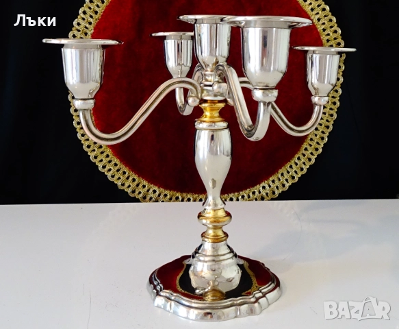 Посребрен свещник петица,позлата,800 гр.чиста мед. , снимка 2 - Антикварни и старинни предмети - 51988979