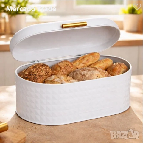 Метална кутия за хляб Mercado Trade, Овална, Бял
