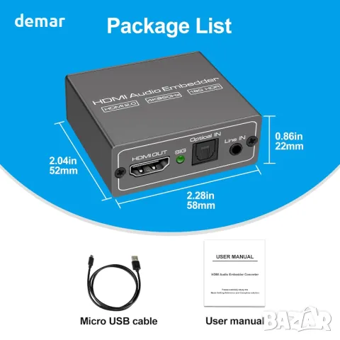 HDMI Audio Embedder Inserter Цифрово аналогово аудио към HDMI, 4K60Hz 18Gbps HDR, снимка 7 - Друга електроника - 47333293