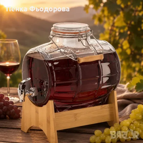 Стъклен диспенсър за напитки 8L, с кран и бамбукова поставка, снимка 3 - Бидони, бурета и бъчви - 55874472