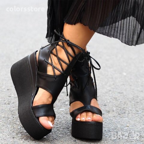 Сандали на платформа - черна кожа черно ходило - 3420, снимка 2 - Сандали - 34136006