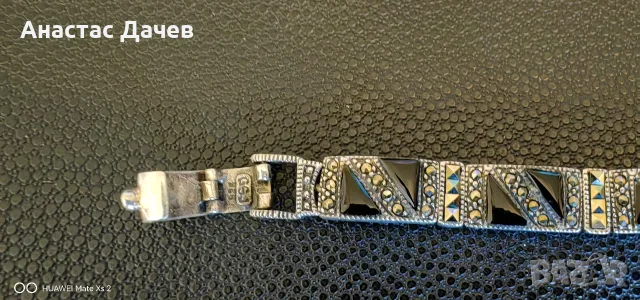 Дамска сребърна гривна със Оникс и Марказити, снимка 2 - Гривни - 55776487