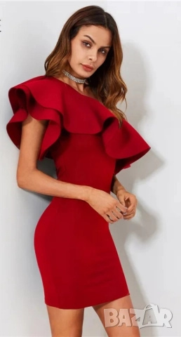 Стилна червена рокля , снимка 2 - Рокли - 52532116