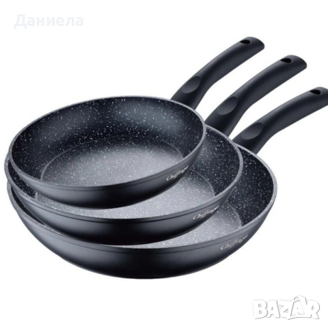 Комплект тигани Cheffinger с мраморно покритие – 3 части за всяка кухня - черен цвят, снимка 8 - Съдове за готвене - 53108799