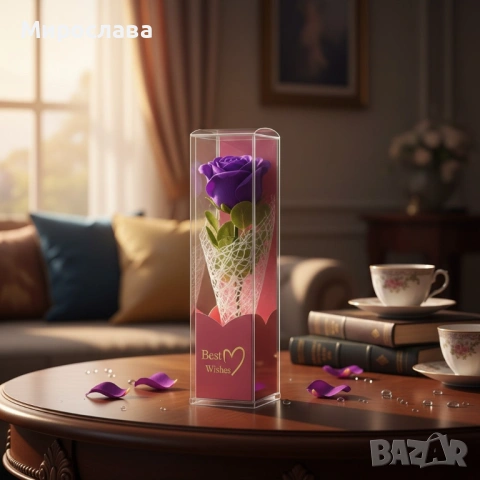 Декоративна единична роза в подаръчна кутия „Best Wishes“, снимка 5 - Подаръци за жени - 53048023
