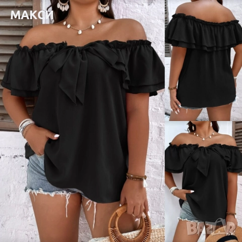 Макси модерна ефирна блуза с паднали рамене+ вързалка+ волани с ластичен придържаш кант в оранжево -