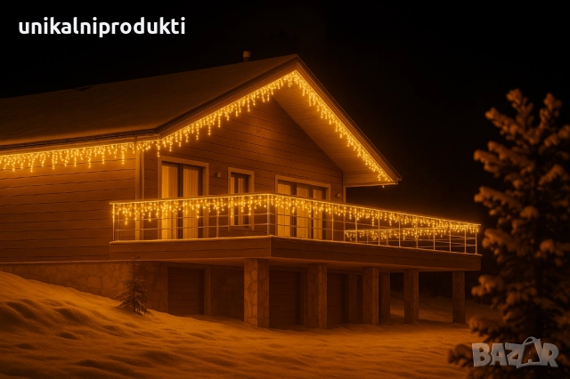 25м коледни външни лампички завеса топла светлина с флаш ефект бял 