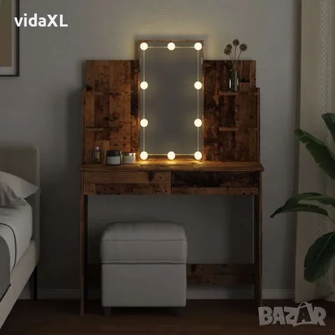 vidaXL Тоалетка с LED осветление Старо дърво 96x40x142 cm, снимка 4 - Тоалетки - 56148307