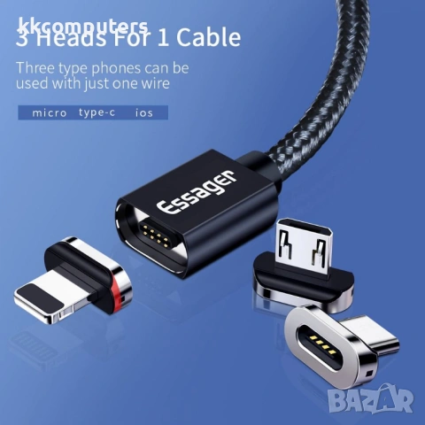 ESSAGER 3 в 1 Магнитен Кабел Lightning / Type-C / Micro USB 3A за Бързо Зареждане 1 м, снимка 2 - Оригинални зарядни - 54087724