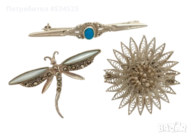 Винтидж сребърни брошки – бар с тюркоаз, водно конче и филигранно цвете