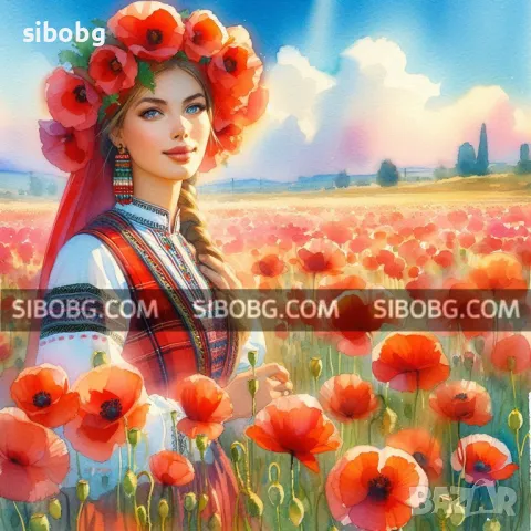  3486 Диамантен гоблен "Българска мома в поле от макове" , снимка 1