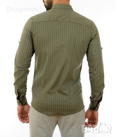 Мъжка зелена риза на черни райета-1 брой, Дължина ръкав-65см, дължина 75см,широчина гръб 52см,яка 43, снимка 6 - Ризи - 35130871