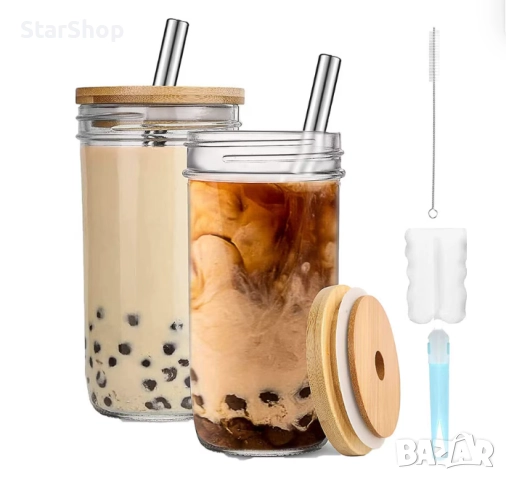 Комплект от 2 стъклени чаши за бабъл чай, с дървен капак и сламка, 720мл, прозрачни, 17,5х8,8х7см